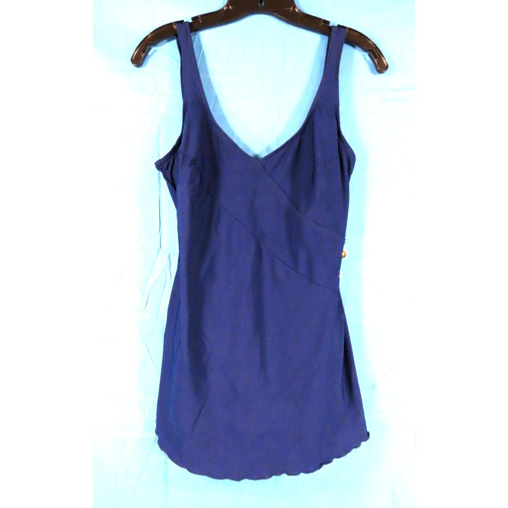 True Vintage ROBBY LEN NAVY BLUE SWIMSUIT 1-Piece SKIRT FRONT Gold Buttons 18 T